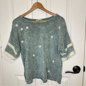 Promesa Turquoise White Stone Washed Star Print Jersey Stripe Sleeve Blouse Sz S